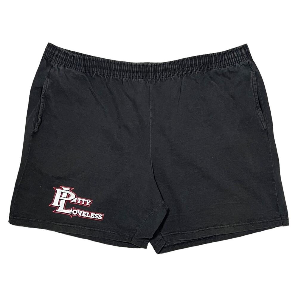 Patty Loveless Logo Vintage 90s Black Cotton 6” Drawstring Shorts Mens Large
